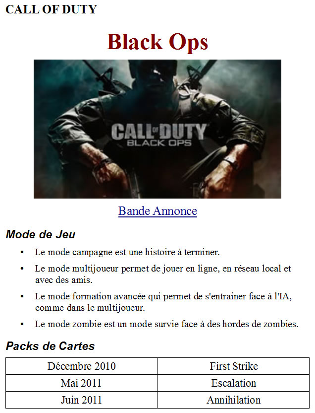 Fiche jeu black ops à reporduire en HTML et en CSS