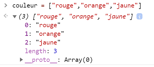 Exemple sur la console de déclaration d'un tableau et des chaînes de caractères dans les crochets