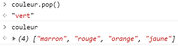 Exemple sur la console d'un appel à la méthode pop()