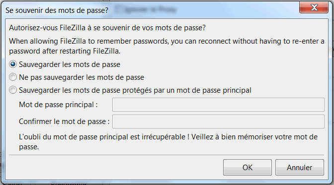 Autoriser Filezilla à sauvegarder vos mots de passe