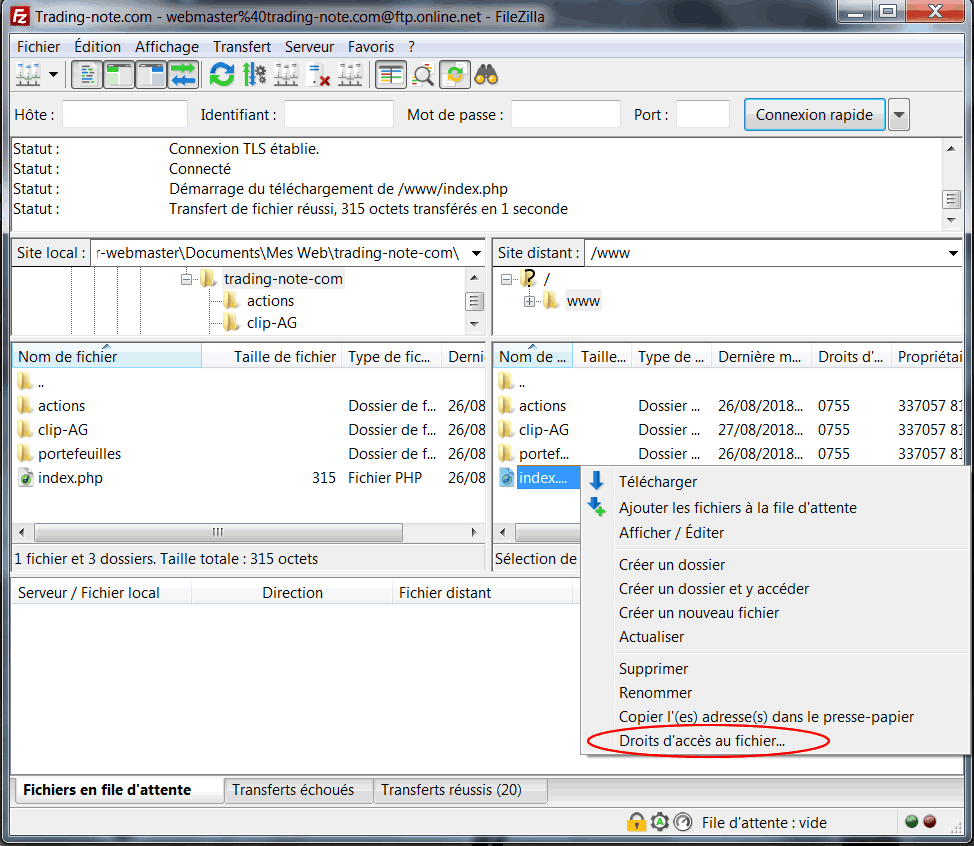 Menu contextuel pour changer les droits