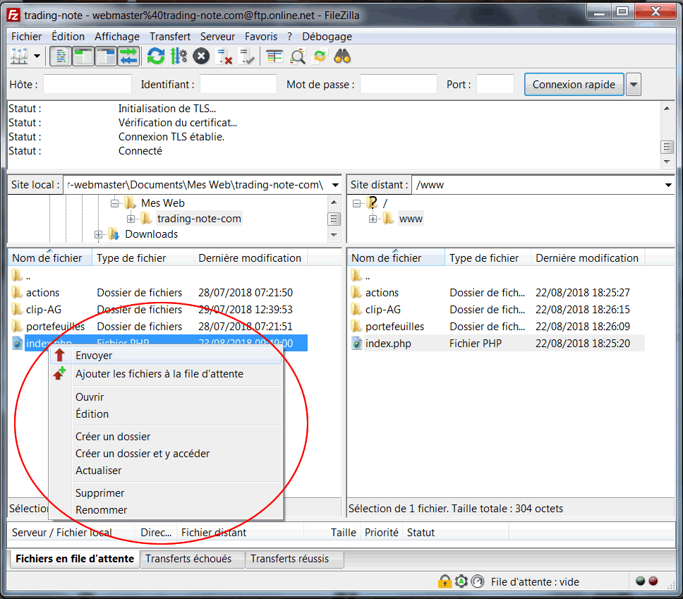 Menu Contextuel de Filezilla