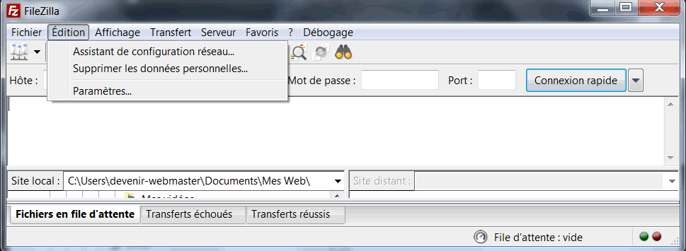 Menu Edition de Filezilla