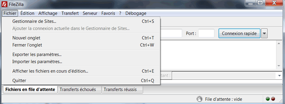 Menu Fichier de Filezilla