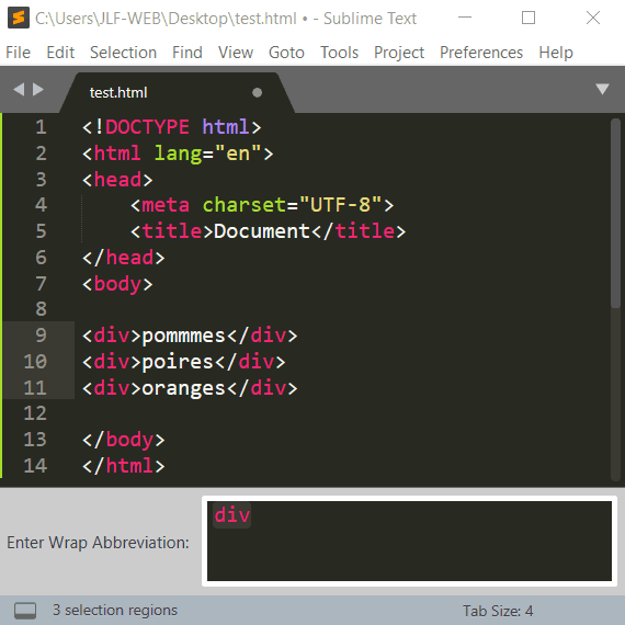 Utiliser le wrapper Emmet avec Sublime Text Exemple 1