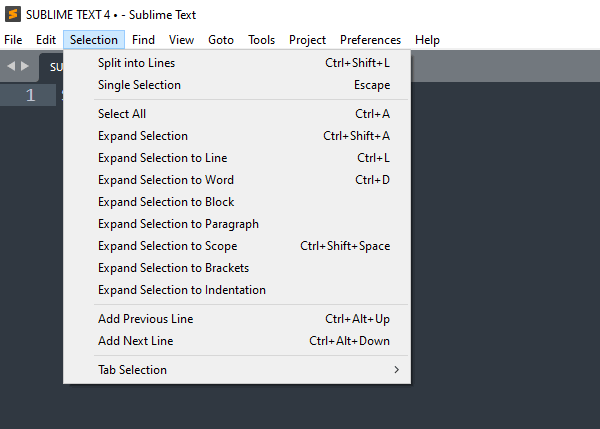 Menu selection de Sublime Text 4