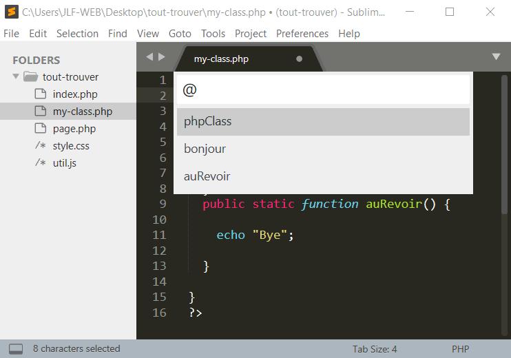 Symboles Sublime Text d'un fichier php