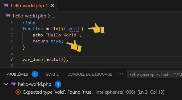 Une valeur de retour qui n'est pas attendue avec une détection par VSCode Intelephense