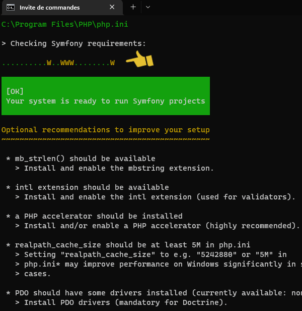 Résultats du symfony check:requirements