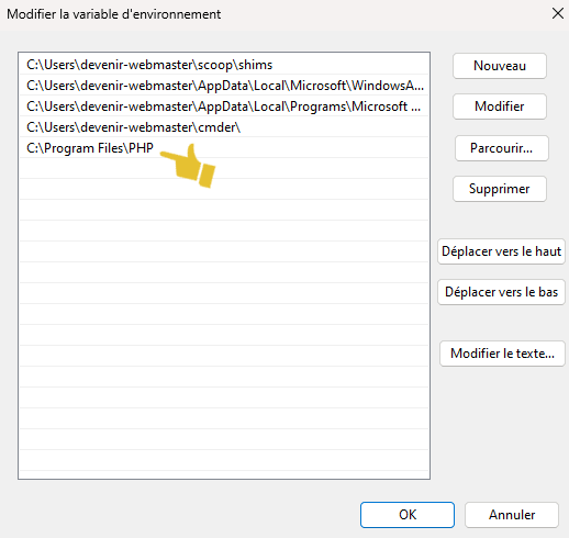 Ajouter au path le dossier Php d'installation