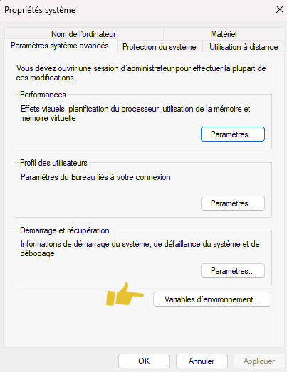 Bouton d'accès aux variables d'environnement